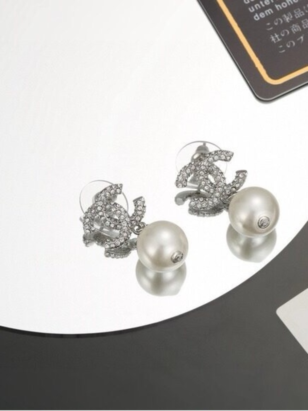 CHANEL Silver Crystal CC Drop Earrings with White Pearls - Picture 2 of 6